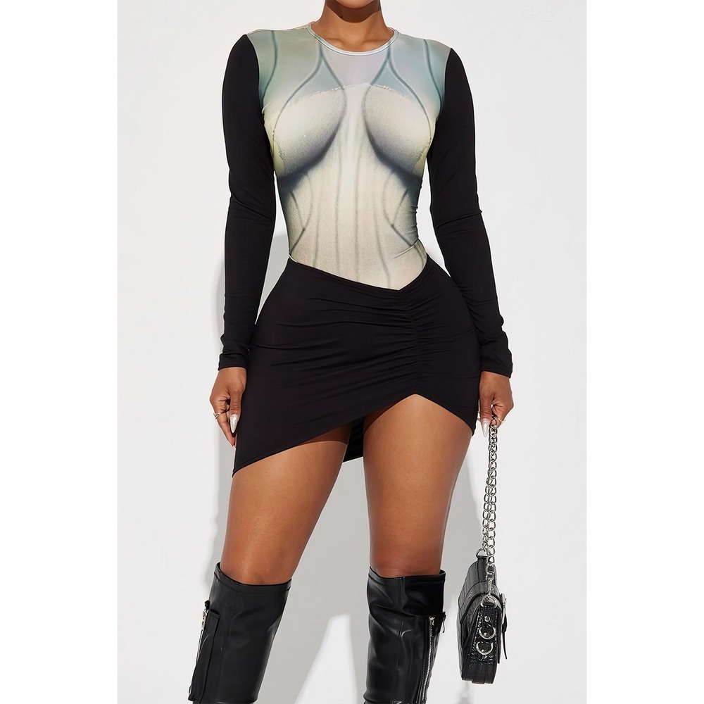 Micas Body Print Round Neck Long Sleeve Ruched Mini Dress size‎ S